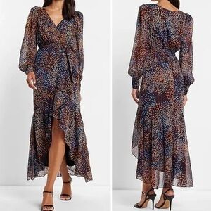 Express Long Sleeve Chiffon Metallic Printed Ruffle Maxi Dress Size Medium